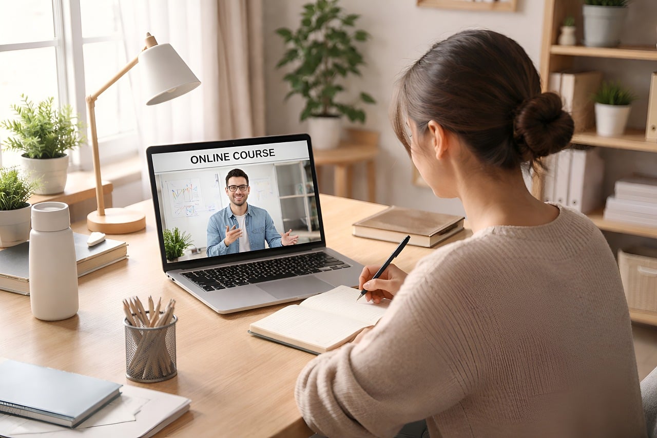 Une apprenante suit un cours en ligne sur son ordinateur portable tout en prenant des notes dans un bureau lumineux